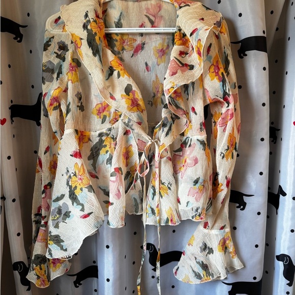 Tops - Cream and Orange Ruffled Tie Front Blouse